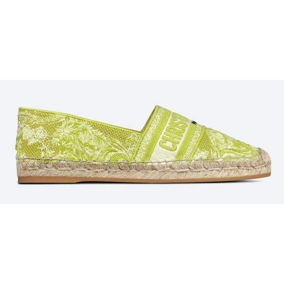 Dior Granville Toile De Jouy Embroidered Lime Green Logo Espadrille Flat 36 - Picture 1 of 12